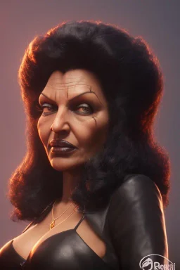 Pam Grier as evil queen in black leather, leather, busty, cleavage, angry, stern look. character design by cory loftis, fenghua zhong, ryohei hase, ismail inceoglu and ruan jia. unreal engine 5, artistic lighting, highly detailed, photorealistic, fantasy