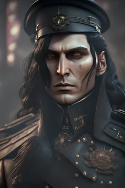 High Commander of a Dieselpunk utopia in a ww2 military dress, up close, fantasy, High details, realistic design, dark vibes, 8k, male, long black hair