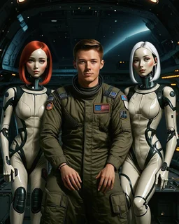 Photorealistic image of a young man in a flight suit with two tall, slender female androids in one-piece suits, one with red hair and one with white hair, standing on the bridge of a spaceship.