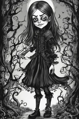 a cartoon illustration of a schizophrenic goth vampire girl , in the cartoon style of Lynda Barry , Ernie Pook's Comeek, black and white color scheme, museum quality masterpiece