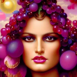 Hyperdetailed oil on canvas, gia carangi, detailed face, long hair, surrounded by luminous colorful sparkles, gypsy, grapes, blueberries, plums, sumac, purple by anne stokes, gaspar camps, maxfield parrish, alphonse mucha, cyril rolando, airbrush, depth of field, octane render, volumetric lighting; deep colors, symmetrical, cinematic, high coherence, golden ratio, rule of thirds, perfectly centered; anatomically correct faces, by james r. eads, ilon wikland art, vladyslav yerko, joanne scribner