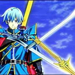 fire emblem, anime, screenshot, ova, 90s anime, marth, boy, blue hair, prince, sword, fantasy setting, fire emblem marth, fullbody, with background