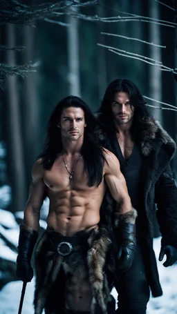 two Handsome and muscular 30 year old mountain men , long hair dark hair, facial hair, dark fantasy, snowy forest