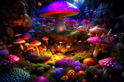 hyper-realistc fantasy garden of unearthly mushroom delights in the multiverse