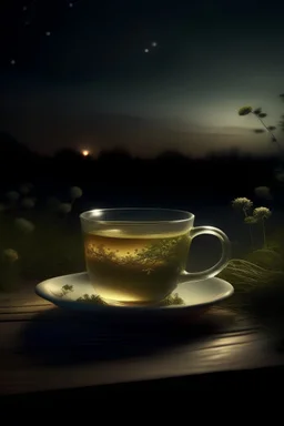 "Visualize a serene night scene with a cup of herbal tea amidst a starlit sky, emanating a soothing aura suggestive of overnight weight loss."