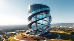 A striking tower built around a central spiral shape, with a helix staircase wrapping around the outside of the building. The walls are made of a translucent material that reflects sunlight in rainbow hues, and each floor gradually spirals upward, creating a dynamic and captivating form. The landscape below is sculpted to echo the swirling design. Photograph