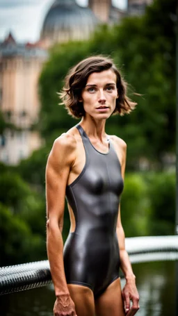 beautiful anorexic young woman, total shot, short shiny anthracite triathlon swimsuit, short brunette wavy bob hair, blurred city background