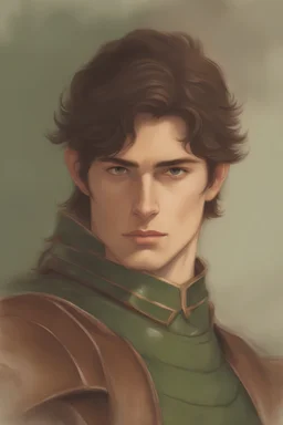 A drawing of handsome young man with dark hair, Brown and green leather armor.