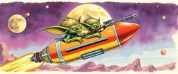 hairy macho gremlin aliens living in a hi tech marvellous hot dog rocket with a mounted sling shot, heading for venus, airbrush with pen outline