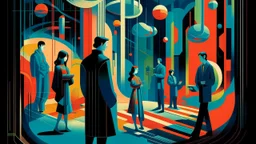 An digital painting by Kuniyoshi and Kandinsky of tech-people walking inside a futuristic digital world.