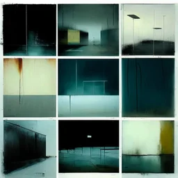 Minimal abstract oil paintings of a desolate 1960s carpark. Illuminated by a spotlights. On the floor are concrete fragments and road markings . In the dark mysterious style of Justin Mortimer and Francis Bacon.