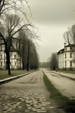 town, square, dirty road, trees