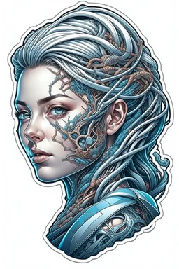 a sticker with a drawing of a woman's face, cyberpunk art, inspired by Marco Mazzoni, Artstation, fantasy art, fractal veins. cyborg, in the style dan mumford artwork, girl with plaits, beautiful detailed body and face