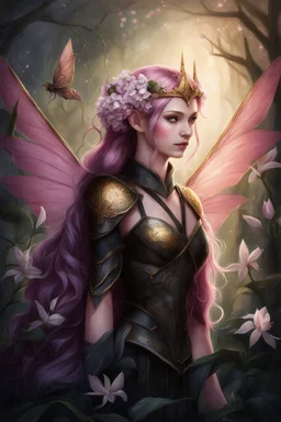 Pink,Hydrangea,orchids,lilies of the valley,night,pink hair,rapunzel hair,elven crown,dragonflies,pointed ears,elven ears,dark fairy princess,sparkle,,dark gold armour,fairy wings,pink