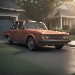 an image of a typical sedan car in a driveway , 3d render, cinematic, pixar style