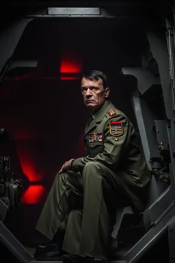 portrait of a 50 year old evil military leader. sneering expression, dark short hair,