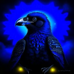 Mighty Raven with nature and runes and glowing eyes and swedish flag