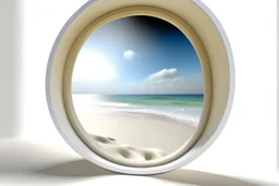 white,background,looking,through,a 3-d, hole,or,window,,a,seeing,paraddise,beach ,skulpture,like