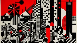 An abstract and geometric illustration by Malevich and Kuniyoshi of a black and white city with an anarchist red and back flag.