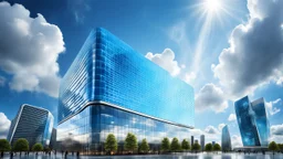 floats in sky between big clouds photorealistic high-tech building with futuristic and modern feel, metalic walls, holographic displays, unique technology , high textures, blue sky, sunshine, Professional photography, bokeh, natural lighting, canon lens, shot on dslr 64 megapixels sharp focus, stunnig