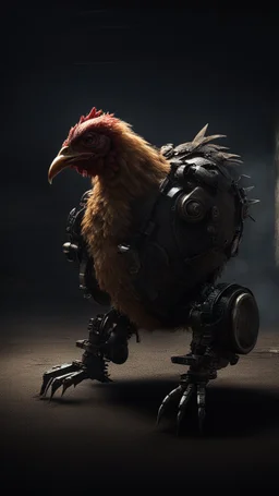 chicken monster robot with eerie lighting and a haunting atmosphere , photo / ultra realistic cinematic