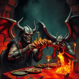 make an album cover of Eddie from the Iron Maiden hardrock band, he is sharing a big kebab in hell with Lucifer at a table, fire burning everywhere