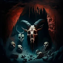 cursed cave, goats skulls, blood sea, creepy