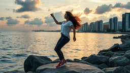 beautiful lady with makeup in pants and pretty shirt curvy long hair sport shoes dancing in sea side on pretty rocks ,modern city escape at dintant ,pretty clouds, golden hour