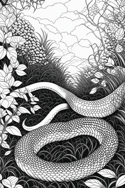 Outline art, no shading, snake full body in the garden, cartoon style, black and white, low detail, --ar 9:11