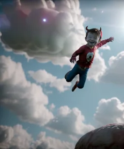 Ultra realistic clouds sky scene, medium shot view, portrait, sweet Childs, free jumping flying, trinkets, monster hair, jelly beans, balls, smile, happy, Peter Pan style, inflatable color clothing, extreme, wind, clouds sea, 20,000 feet altitude, stratosphere, soft color, highly detailed, unreal engine 5, ray tracing, RTX, lumen lighting, ultra detail, volumetric lighting, 3d, finely drawn, high definition, high resolution.