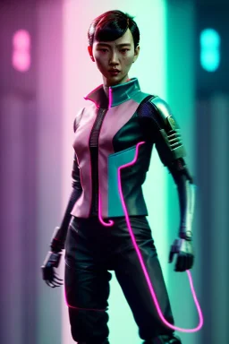 Waist up shot photo, thriller style, Asian cyborg woman, blade runner style :: symmetry photography, cyberpunk, pink hair, makeup, long line eye, light iris, :: latex coat, wires and circuits, pink, white, black :: cinematic, Ultra realistic, dark scene, soft color, highly detailed, unreal engine 5, RTX, ultra detail, 3d, finely drawn, high definition.