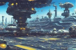 Spaceport on a heavy industrialized planet, inspired by John Berkey, insanely detailed, vibrant