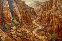 A brownish bronze canyon with a village designed in Australian aboriginal art painted by Jackson Pollock