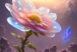 one big crystal subtle flower in a galactic ambiance with a very little beautiful fairy, transparent petals, delicate colors, in the foreground, full of details, smooth, bright sunshine，soft light atmosphere, light effect，vaporwave colorful, concept art, smooth, extremely sharp detail, finely tuned detail, ultra high definition, 8 k, unreal engine 5, ultra sharp focus