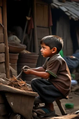en fattig dreng der sidder i slummen og spiser en skovsnegl