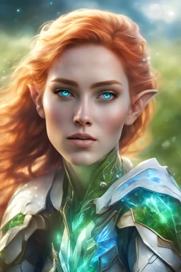 female elf, high cheekbones, white high tech armor, armor on jaw, armor on neck, glowing blue crystal in the center of the armor, laying on the back at grassfield, single character, bright red hair, green eyes, photorealistic, realism, realistic, cybernetic jaw, bokeh, right hand trying to grasp to the viewer