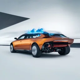 award winning car and driver photograph of a futuristic station wagon mech hybrid designed by only one vehicle per image painted metallic orange traveling at a high rate of speed, jet intake off of front center of vehicle and jet exhaust out the rear with bright blue flame, bilaterally symetrical, more a high speed road vehicle