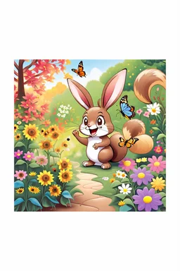 The cute bunny excitedly looks at a bright yellow sunflower in the colorful garden, the beautiful butterfly and friendly brown squirrel are smiling, child book illustration style, faces must be the same as reference image