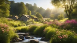 Beautiful realistic rural landscape, warm sunshine, lush plant growth, flowers, human habitation, brook, peaceful, delightful, idyll, award-winning photograph, detail, beautiful composition, attractive colour, chiaroscuro