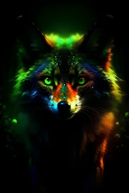 terrifying. Fox like creature, turning to face you, hunch over, dark, force, background, glowing eyes, staring, covered decay, deep shades of green, covering forest, dark, rainbow, gradient, sky, dark, starry night,