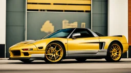 yellow sport car, big wheels, old model, honda NSX influence