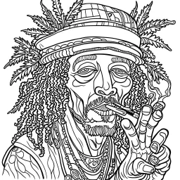 Coloring page for beginers, with "rastaman smoking marijuana", very Bold outlines and white background, cartoon style, minimal number of elements, very simple, not very detailed