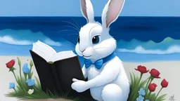 UN CONEJO BLANCO CON CORBATA AZUL, CON UN LIBRO LEYENDO SOBRE ZANAHORIAS EN UNA PLAYA