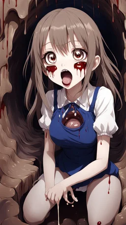 Anime girl with big eyes, darkblue and sepia tones, fullbody, slime, the perspective looking up from the bottom of an empty well, rolling eyes, tongue out, blood drip, open mouth,