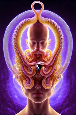 Spiritual being with Tentacles over human Head creating reality around, wrapping Spiral around Human, Psychedelic
