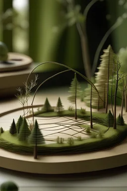 Generate an image of a tranquil forest scene crafted from mini thin wooden sticks and jute threads, capturing the essence of nature.