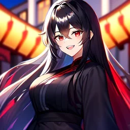 Clear focus, 8k, high quality, detailed, beautiful lighting, vibrant colors, black long hair, vibrant red eyes, girl, red and black miko, laughing