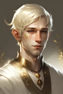 A young half elf man with White-Blonde, short hair, black eyes, dressed in white and gold with lots of jewelry, beautiful