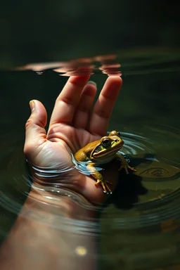 Bosch painting style nightmare a tiny hand of a baby in the water trying to hold a frog inside the water