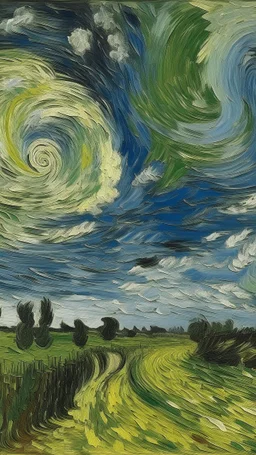 A white cloudy sky with tornadoes painted by Vincent van Gogh